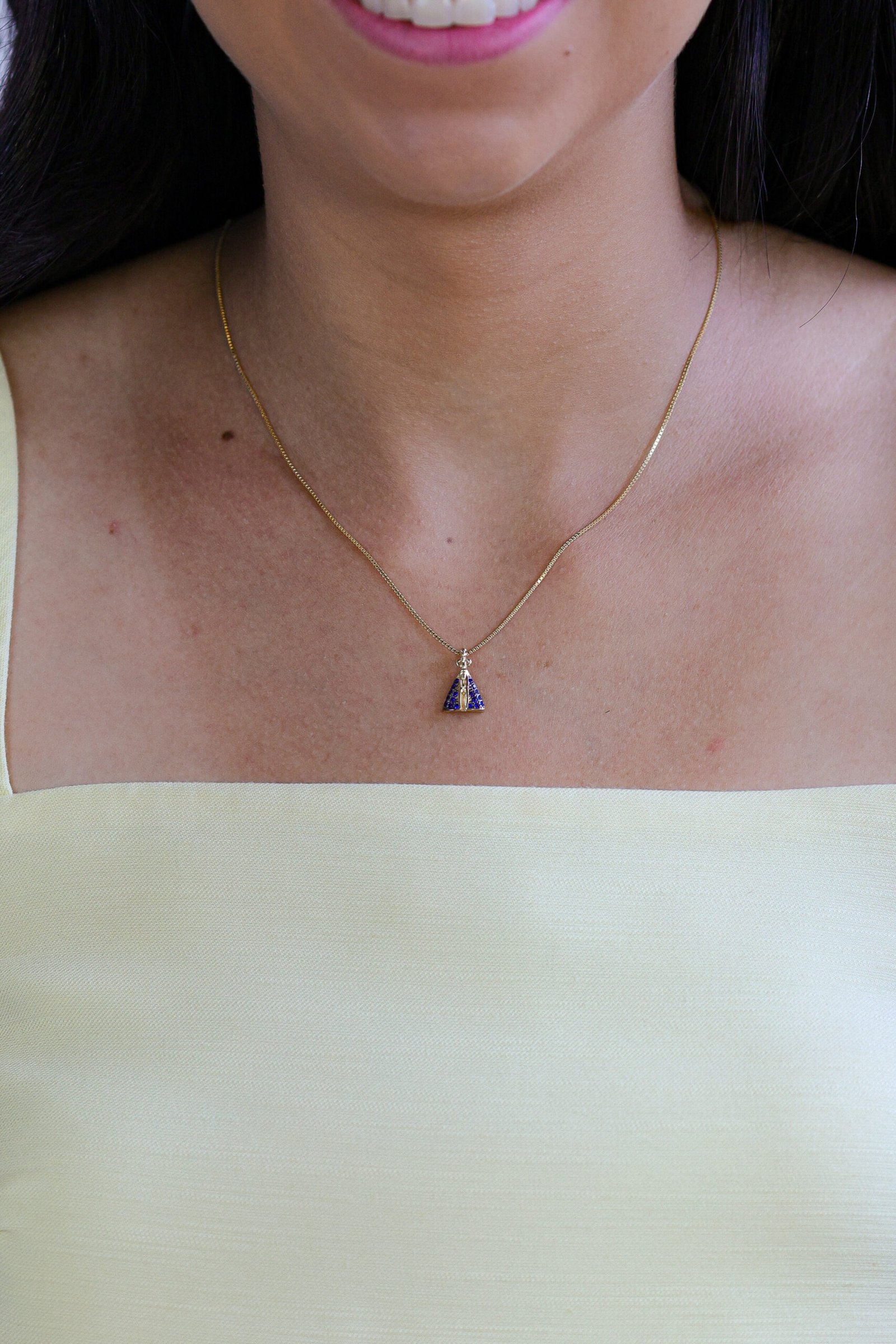 Colar Nossa Senhora Aparecida Azul Banho Ouro 18k
