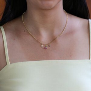 Colar Elo Português Fino com Pingentes Cereja Banho Ouro 18k