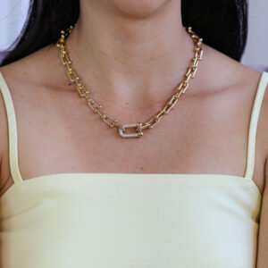 Colar Elos Alongados com Elo Cravejado Banho Ouro 18k