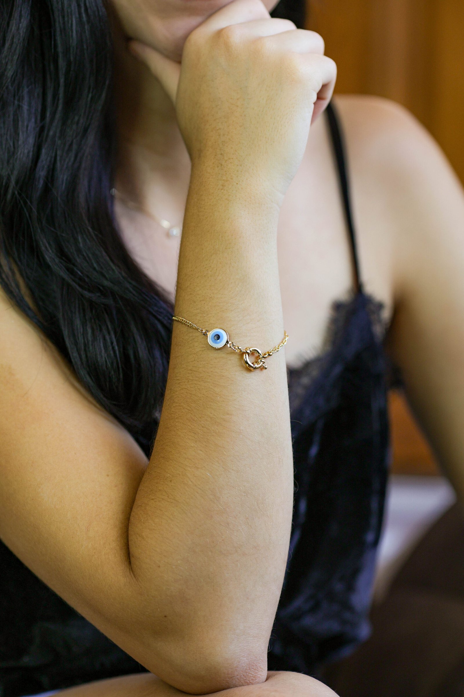 Pulseira Corrente com Pingente Olho Grego Banho Ouro 18k