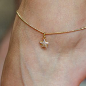 Tornozeleira Malha Snake com Estrela Cravejada em Banho de Ouro 18k