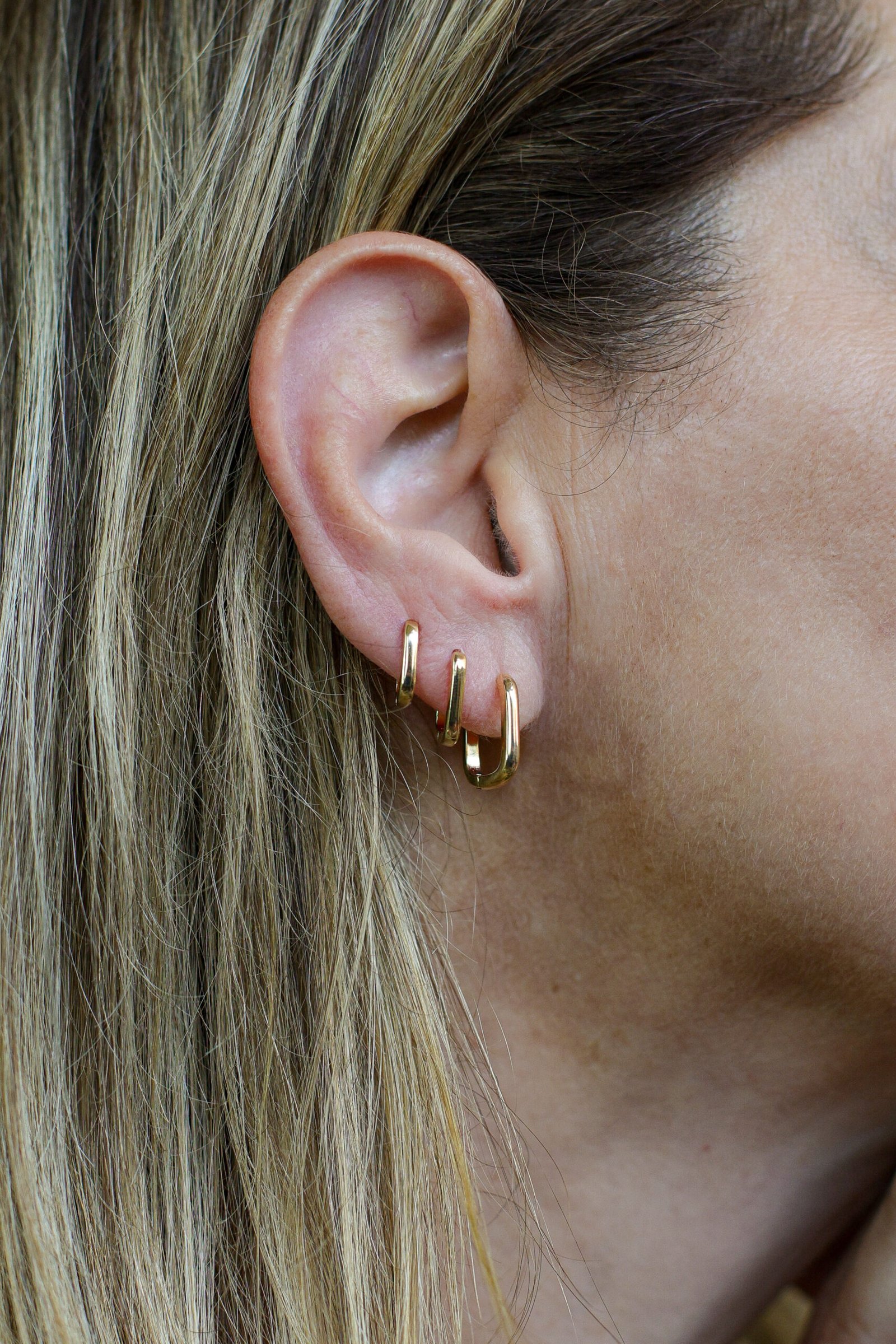 Trio de Brincos Retangulares  Banho Ouro 18k