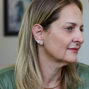 Trio de Brincos Coração e Flor Rosa Banho Ouro 18k