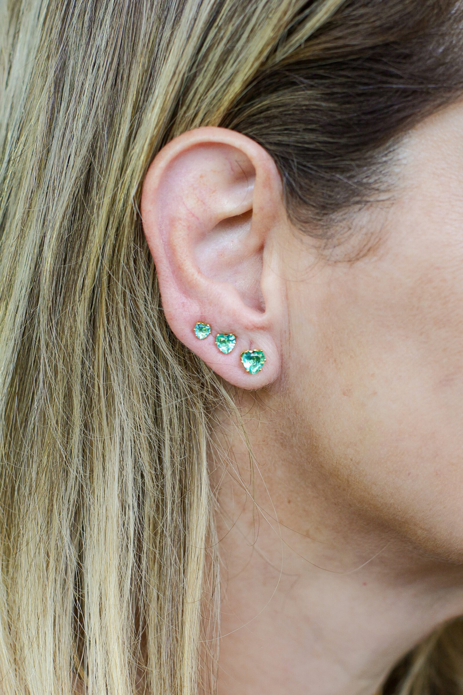 Trio Coração Verde Água  Banho Ouro 18k